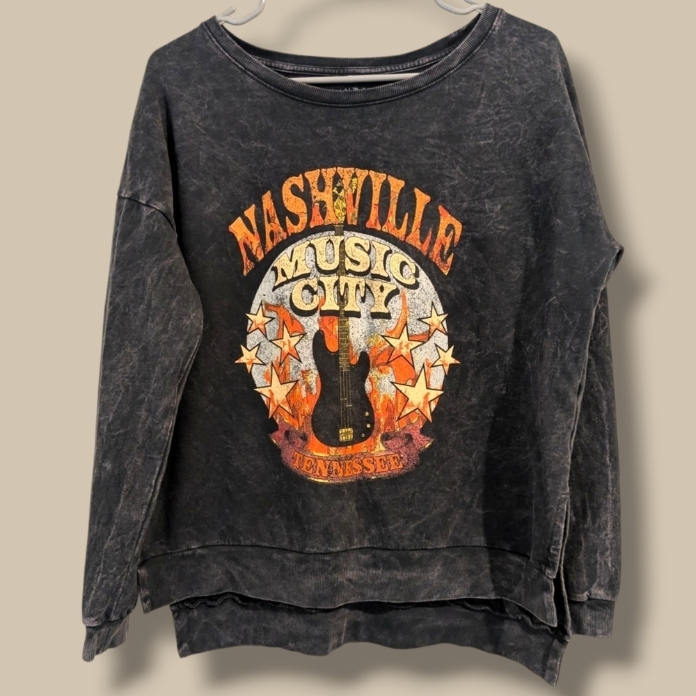 Nashville Tennessee "Music City" Acid Wash French Terry Graphic Sweatshirt